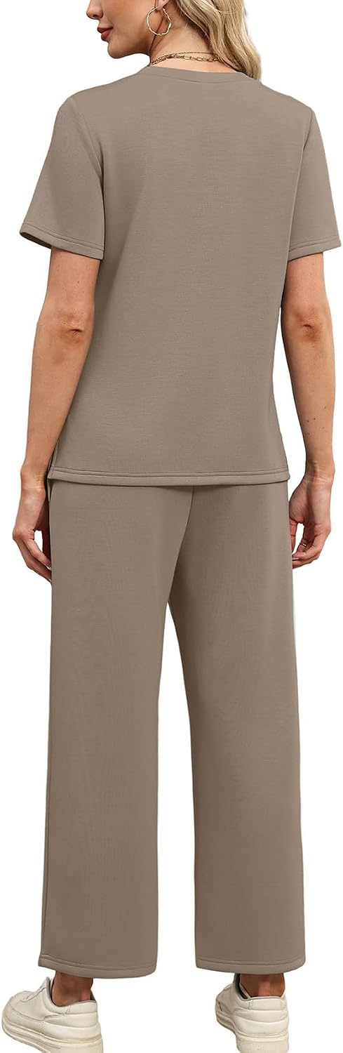 WIHOLL Two Piece Sets for Women Summer Spring Travel Vacation Outfits Short Sleeve Lounge Sets Side Slit Wide Leg Pants S-3XL - Image 5