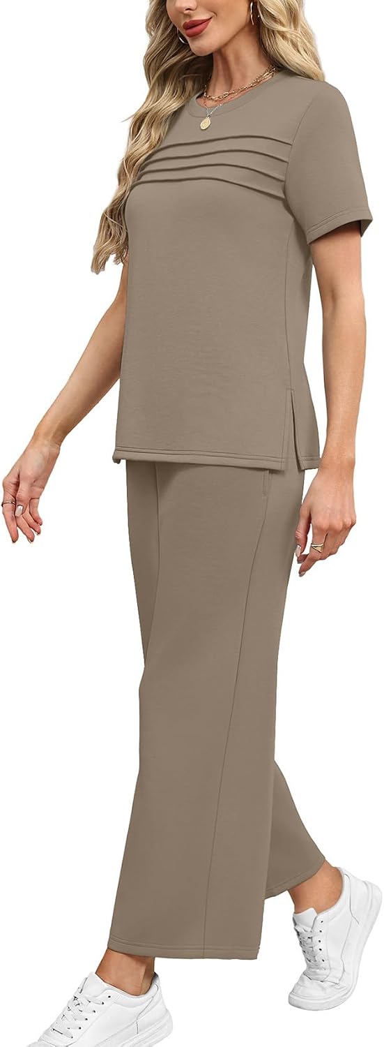 WIHOLL Two Piece Sets for Women Summer Spring Travel Vacation Outfits Short Sleeve Lounge Sets Side Slit Wide Leg Pants S-3XL - Image 4