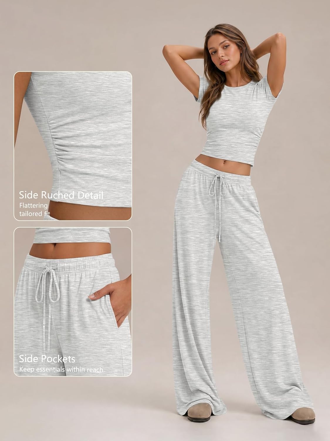 Trendy Queen Women's 2 Piece Matching Summer Lounge Set with Pockets | Vacation Airport Travel Outfits, Workout Gym Clothing Comfy Athleisure Clothes, Side-ruched Top, Drawstring Wide Leg Pants - Image 5