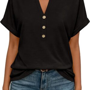 EyMuse Womens Short Sleeve Henley Tops Fashion Casual V Neck Summer Tshirt | Summer Button Up Top Fashion Soft Basic Tees Blouses Spring Comfortable Classic Clothing Resort Wear for Women 2026