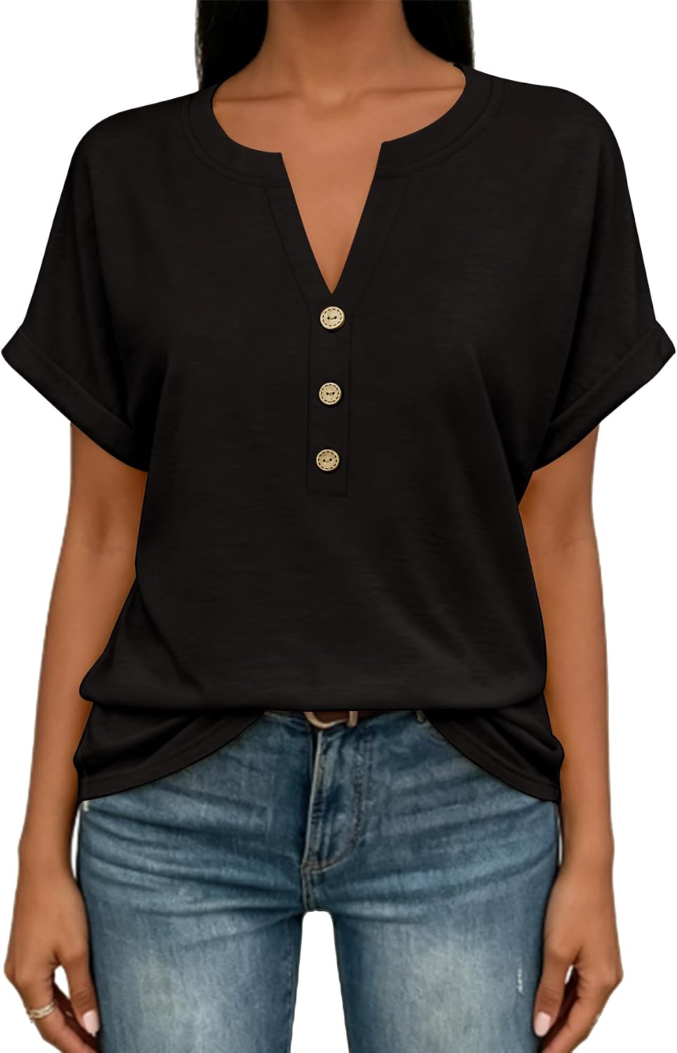 EyMuse Womens Short Sleeve Henley Tops Fashion Casual V Neck Summer Tshirt | Summer Button Up Top Fashion Soft Basic Tees Blouses Spring Comfortable Classic Clothing Resort Wear for Women 2026