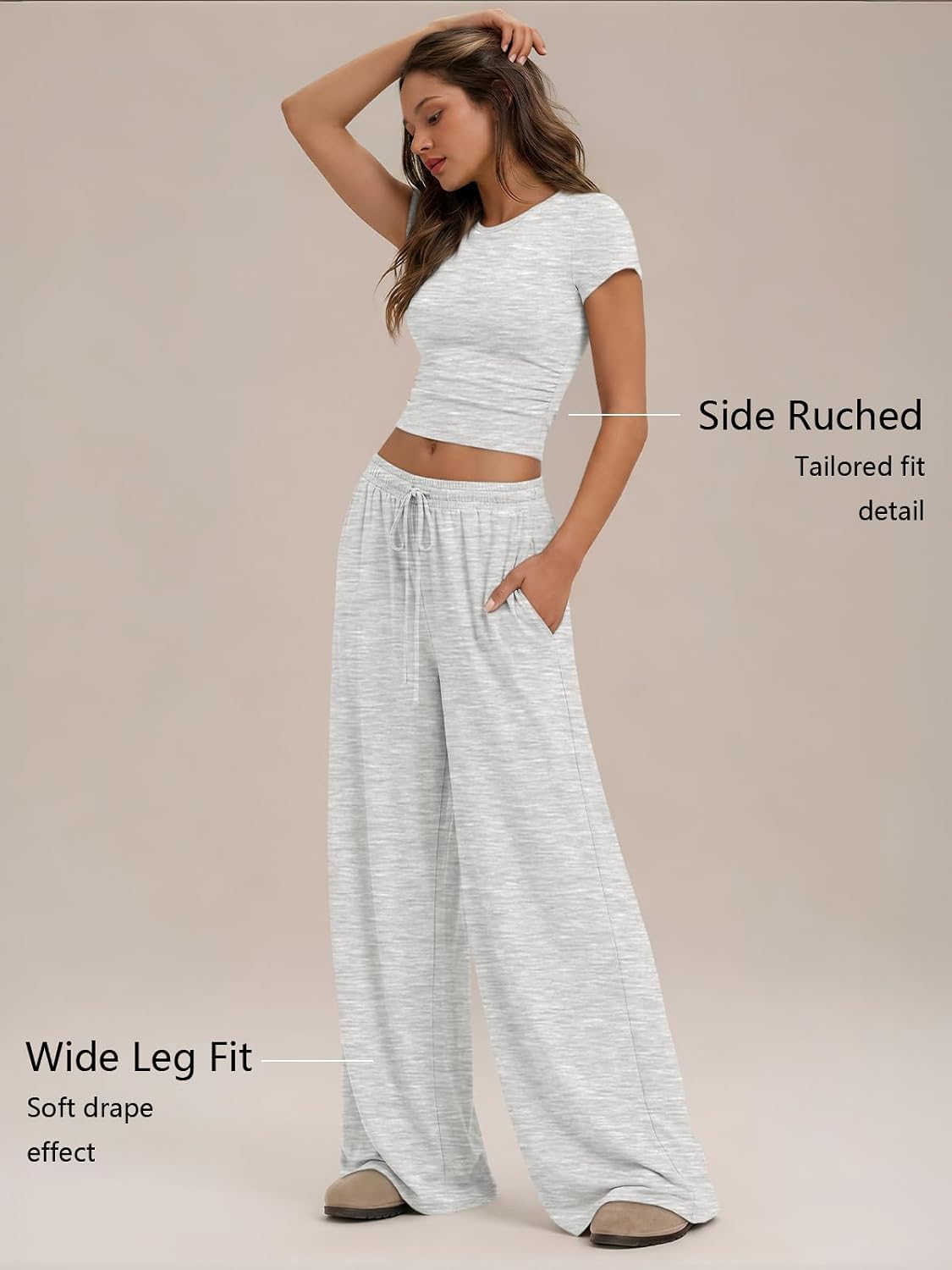 Trendy Queen Women's 2 Piece Matching Summer Lounge Set with Pockets | Vacation Airport Travel Outfits, Workout Gym Clothing Comfy Athleisure Clothes, Side-ruched Top, Drawstring Wide Leg Pants - Image 3