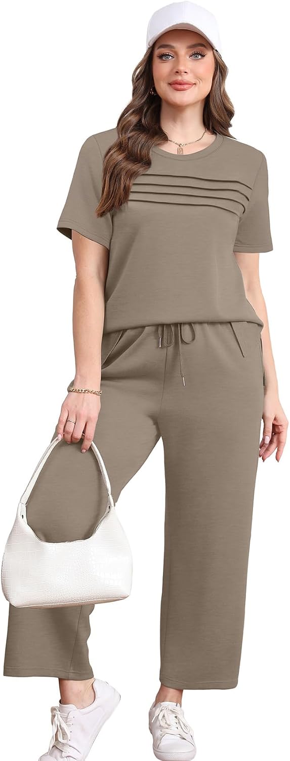 WIHOLL Two Piece Sets for Women Summer Spring Travel Vacation Outfits Short Sleeve Lounge Sets Side Slit Wide Leg Pants S-3XL - Image 3